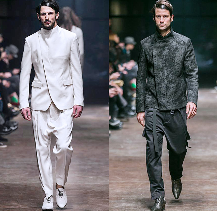 TOM REBL 2014-2015 Fall Autumn Winter Mens Runway Looks Fashion - Milano Moda Uomo Milan Fashion Week - Denim Jeans Tribal Kilt Manskirt Shawl Collar Oversized Outerwear Coat Jacket Blazer Tuxedo Robe Leggings Asymmetrical Zipper Black & White Quilted Drapery Wrap Ombre Splatters Snake Reptile Leather Straps Knit Sweater Jumper