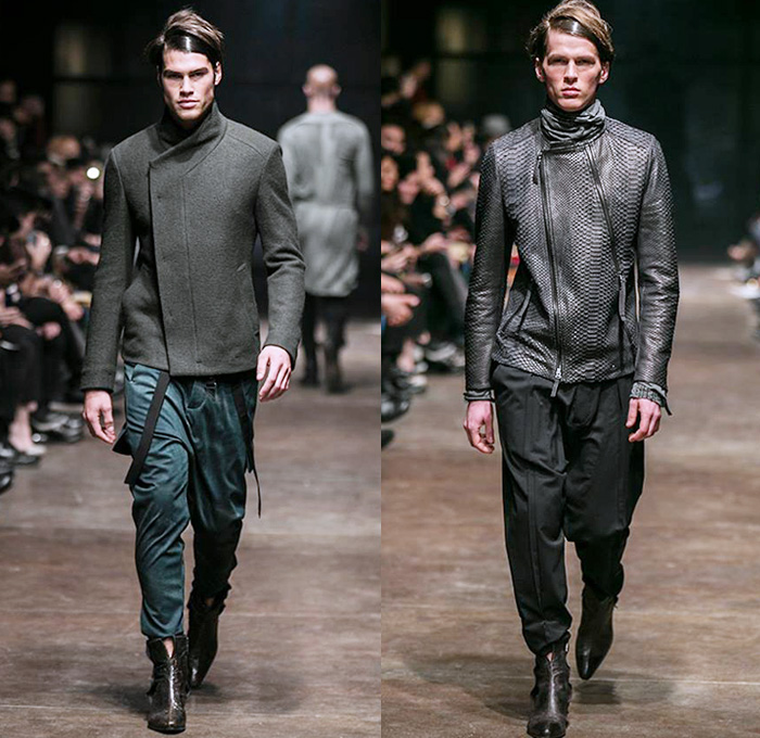 TOM REBL 2014-2015 Fall Autumn Winter Mens Runway Looks Fashion - Milano Moda Uomo Milan Fashion Week - Denim Jeans Tribal Kilt Manskirt Shawl Collar Oversized Outerwear Coat Jacket Blazer Tuxedo Robe Leggings Asymmetrical Zipper Black & White Quilted Drapery Wrap Ombre Splatters Snake Reptile Leather Straps Knit Sweater Jumper