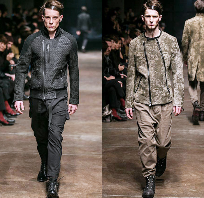 TOM REBL 2014-2015 Fall Autumn Winter Mens Runway Looks Fashion - Milano Moda Uomo Milan Fashion Week - Denim Jeans Tribal Kilt Manskirt Shawl Collar Oversized Outerwear Coat Jacket Blazer Tuxedo Robe Leggings Asymmetrical Zipper Black & White Quilted Drapery Wrap Ombre Splatters Snake Reptile Leather Straps Knit Sweater Jumper