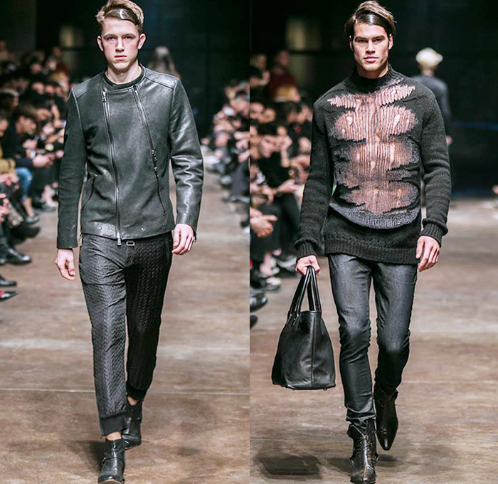 TOM REBL 2014-2015 Fall Autumn Winter Mens Runway Looks Fashion - Milano Moda Uomo Milan Fashion Week - Denim Jeans Tribal Kilt Manskirt Shawl Collar Oversized Outerwear Coat Jacket Blazer Tuxedo Robe Leggings Asymmetrical Zipper Black & White Quilted Drapery Wrap Ombre Splatters Snake Reptile Leather Straps Knit Sweater Jumper