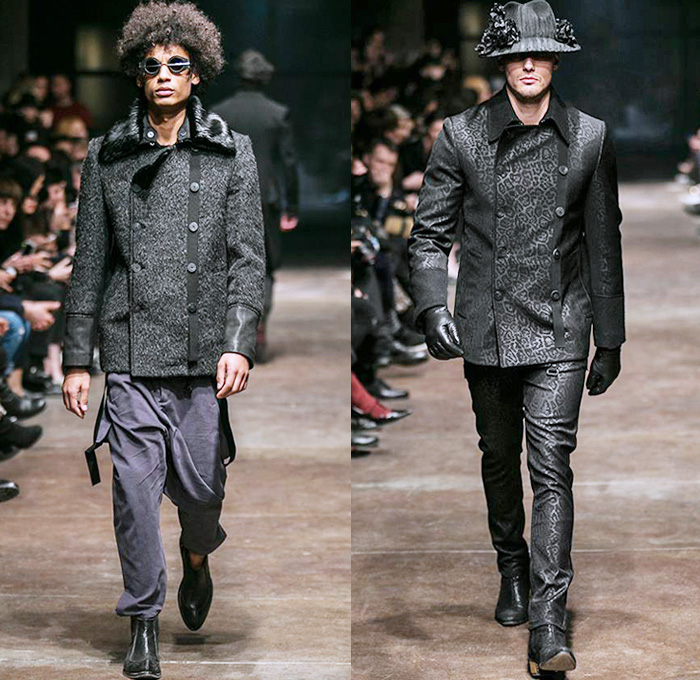 TOM REBL 2014-2015 Fall Autumn Winter Mens Runway Looks Fashion - Milano Moda Uomo Milan Fashion Week - Denim Jeans Tribal Kilt Manskirt Shawl Collar Oversized Outerwear Coat Jacket Blazer Tuxedo Robe Leggings Asymmetrical Zipper Black & White Quilted Drapery Wrap Ombre Splatters Snake Reptile Leather Straps Knit Sweater Jumper