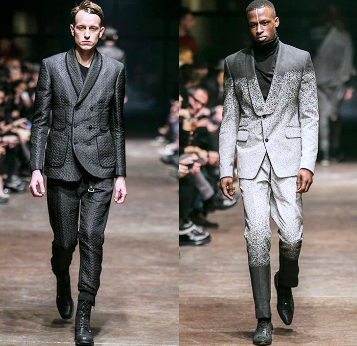 TOM REBL 2014-2015 Fall Autumn Winter Mens Runway Looks Fashion - Milano Moda Uomo Milan Fashion Week - Denim Jeans Tribal Kilt Manskirt Shawl Collar Oversized Outerwear Coat Jacket Blazer Tuxedo Robe Leggings Asymmetrical Zipper Black & White Quilted Drapery Wrap Ombre Splatters Snake Reptile Leather Straps Knit Sweater Jumper