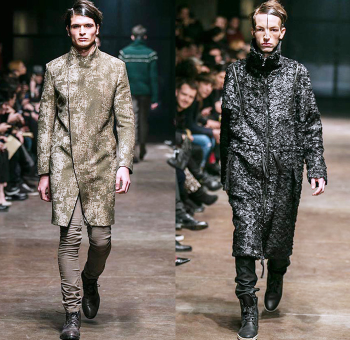 TOM REBL 2014-2015 Fall Autumn Winter Mens Runway Looks Fashion - Milano Moda Uomo Milan Fashion Week - Denim Jeans Tribal Kilt Manskirt Shawl Collar Oversized Outerwear Coat Jacket Blazer Tuxedo Robe Leggings Asymmetrical Zipper Black & White Quilted Drapery Wrap Ombre Splatters Snake Reptile Leather Straps Knit Sweater Jumper