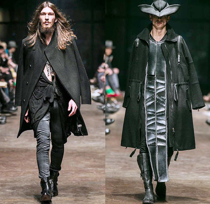 TOM REBL 2014-2015 Fall Autumn Winter Mens Runway Looks Fashion - Milano Moda Uomo Milan Fashion Week - Denim Jeans Tribal Kilt Manskirt Shawl Collar Oversized Outerwear Coat Jacket Blazer Tuxedo Robe Leggings Asymmetrical Zipper Black & White Quilted Drapery Wrap Ombre Splatters Snake Reptile Leather Straps Knit Sweater Jumper