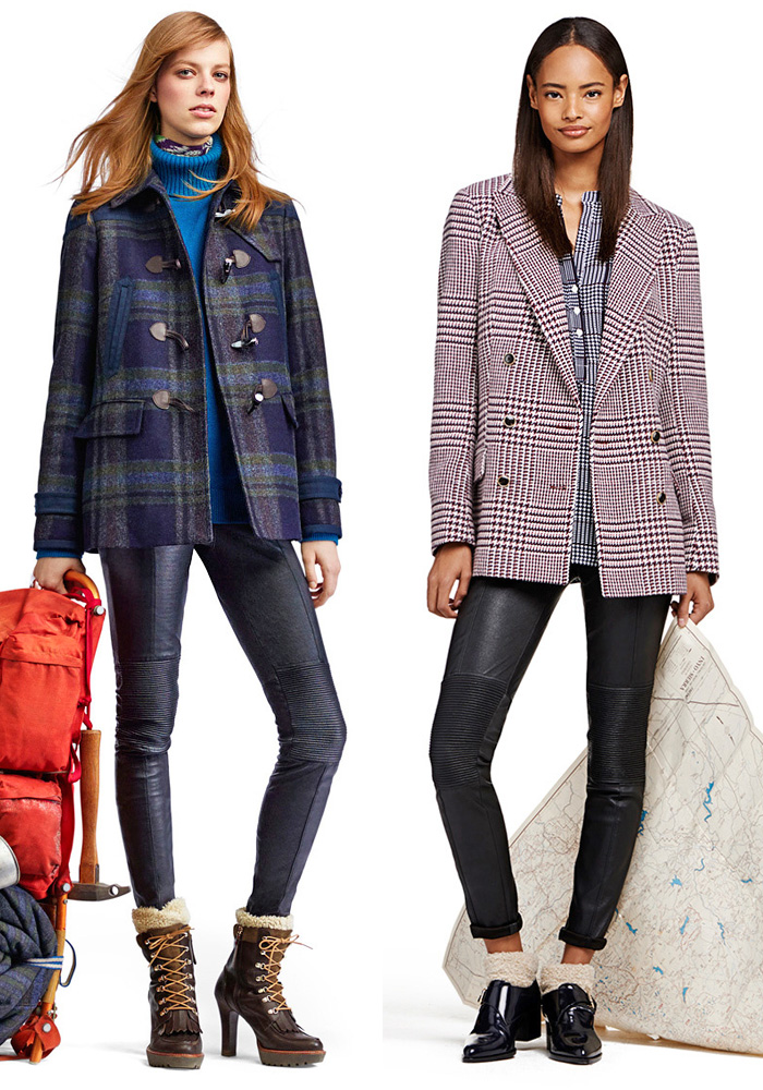 Tommy Hilfiger 2014-2015 Fall Autumn Winter Preview Womens Lookbook - Outdoors Outerwear Coat Jacket Wool Plaid Moto Ribbed Knee Panels Leggings Boots Shearling Turtleneck Blazer Honeycomb Bomber Varsity Club Jacket Leather Print Dots Button Down Shirt Parka Dress Skirt Frock