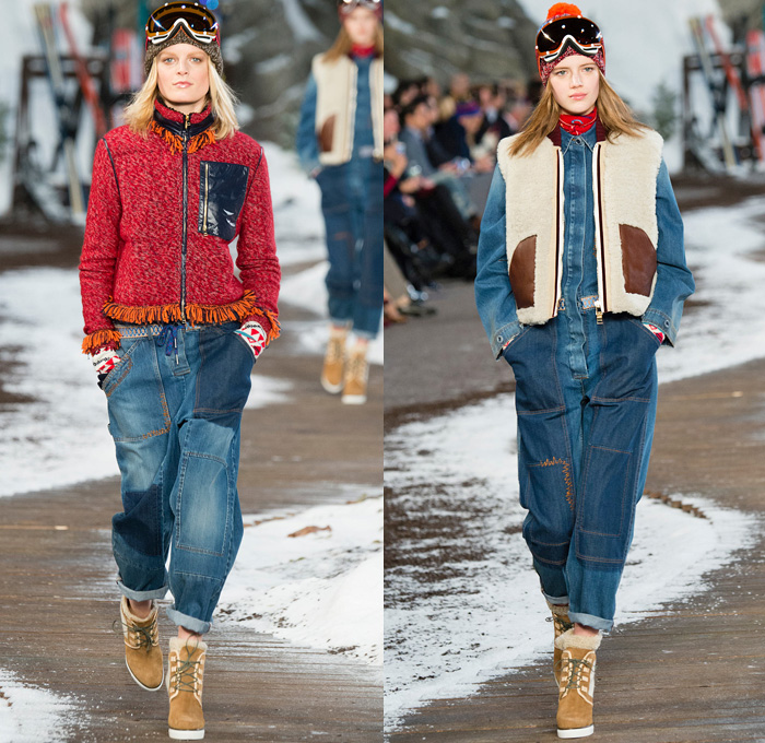 Tommy Hilfiger 2014-2015 Fall Autumn Winter Womens Runway Looks Fashion - Mercedes-Benz Fashion Week New York Catwalk - Raw Denim Jeans Patchwork Fringes Knit Oversized Outerwear Coat Bomber Jacket Jumpsuit Ornamental Folk Print Furry Plaid Ruffles Flowers Florals Western Old Americana Snow Poncho Shawl Turtleneck Dress Embroidery