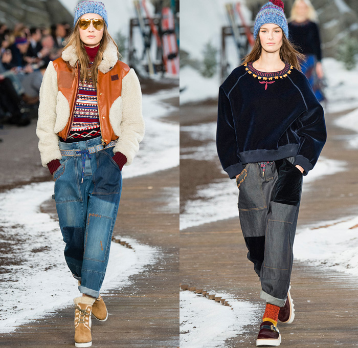 Tommy Hilfiger 2014-2015 Fall Autumn Winter Womens Runway Looks Fashion - Mercedes-Benz Fashion Week New York Catwalk - Raw Denim Jeans Patchwork Fringes Knit Oversized Outerwear Coat Bomber Jacket Jumpsuit Ornamental Folk Print Furry Plaid Ruffles Flowers Florals Western Old Americana Snow Poncho Shawl Turtleneck Dress Embroidery