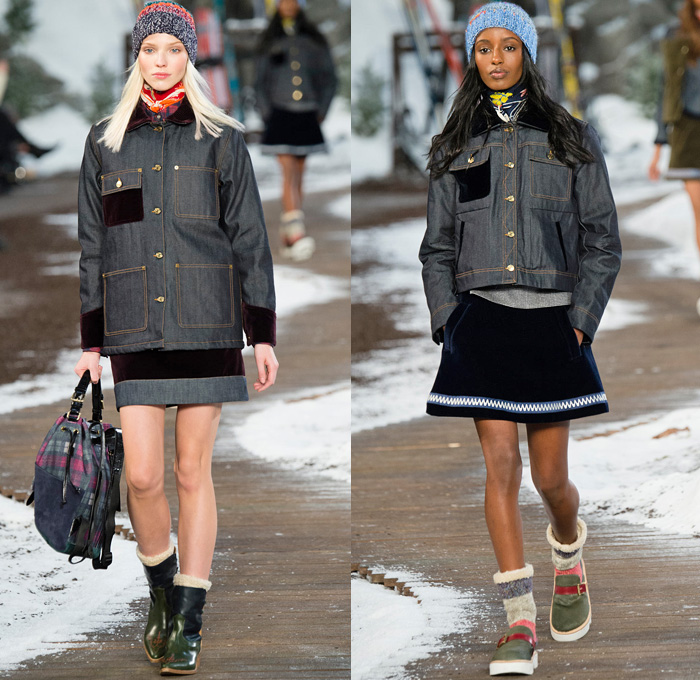 Tommy Hilfiger 2014-2015 Fall Autumn Winter Womens Runway Looks Fashion - Mercedes-Benz Fashion Week New York Catwalk - Raw Denim Jeans Patchwork Fringes Knit Oversized Outerwear Coat Bomber Jacket Jumpsuit Ornamental Folk Print Furry Plaid Ruffles Flowers Florals Western Old Americana Snow Poncho Shawl Turtleneck Dress Embroidery