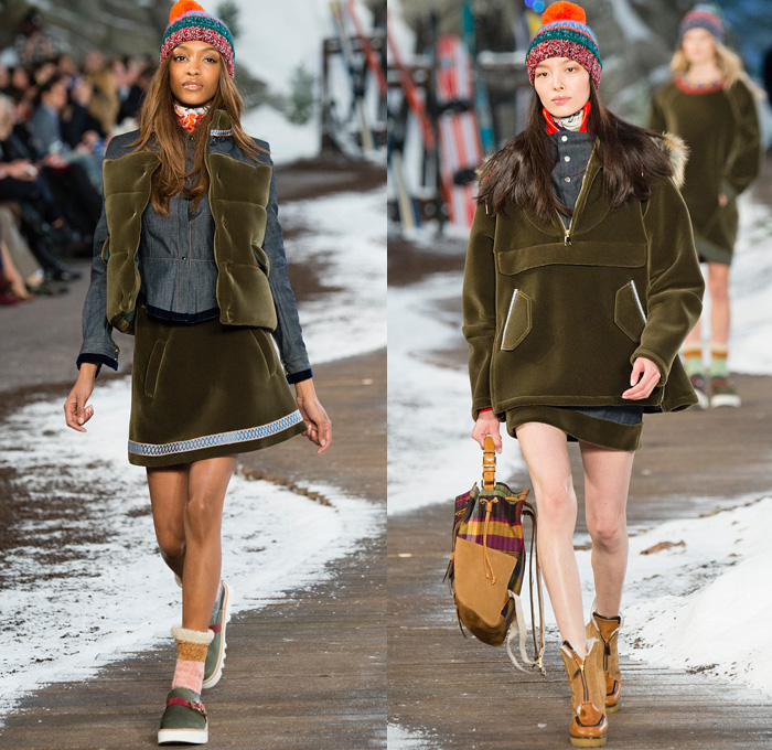 Tommy Hilfiger 2014-2015 Fall Autumn Winter Womens Runway Looks Fashion - Mercedes-Benz Fashion Week New York Catwalk - Raw Denim Jeans Patchwork Fringes Knit Oversized Outerwear Coat Bomber Jacket Jumpsuit Ornamental Folk Print Furry Plaid Ruffles Flowers Florals Western Old Americana Snow Poncho Shawl Turtleneck Dress Embroidery