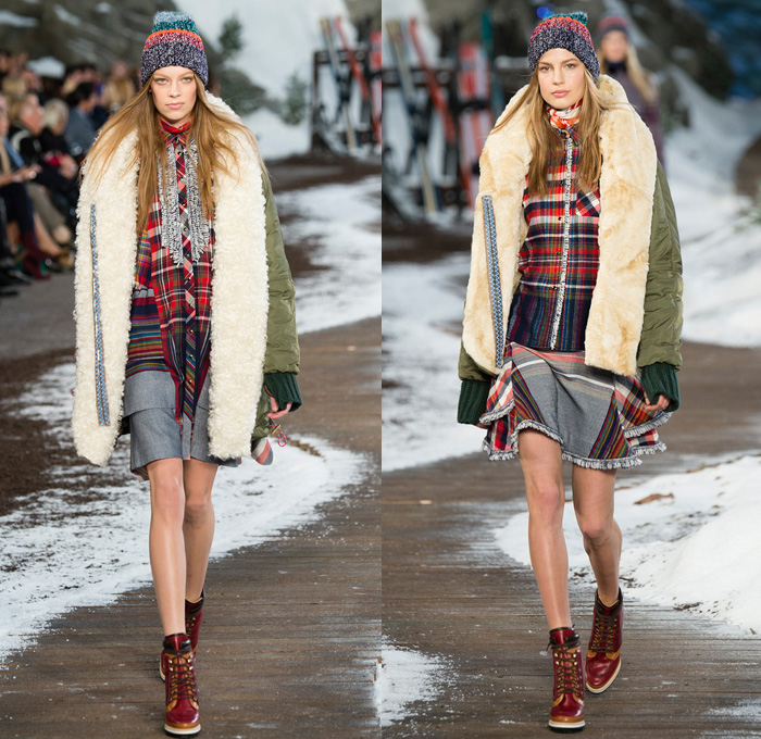 Tommy Hilfiger 2014-2015 Fall Autumn Winter Womens Runway Looks Fashion - Mercedes-Benz Fashion Week New York Catwalk - Raw Denim Jeans Patchwork Fringes Knit Oversized Outerwear Coat Bomber Jacket Jumpsuit Ornamental Folk Print Furry Plaid Ruffles Flowers Florals Western Old Americana Snow Poncho Shawl Turtleneck Dress Embroidery