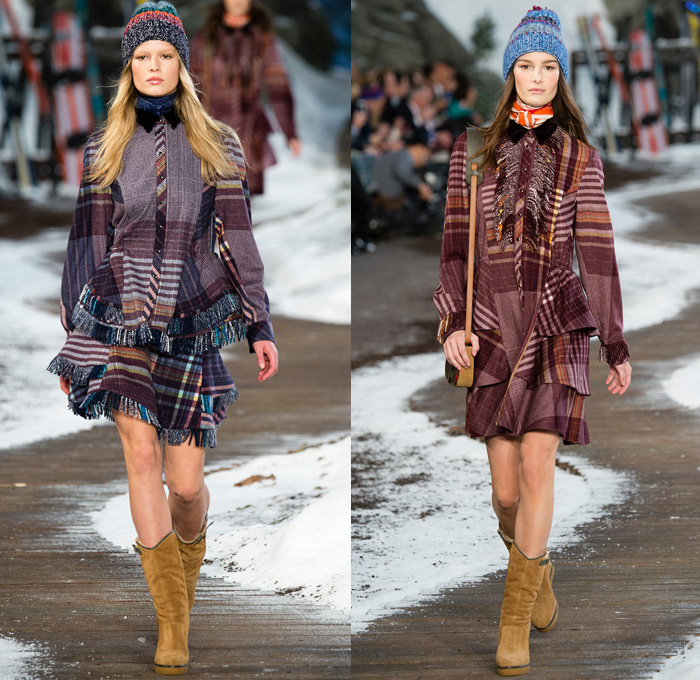 Tommy Hilfiger 2014-2015 Fall Autumn Winter Womens Runway Looks Fashion - Mercedes-Benz Fashion Week New York Catwalk - Raw Denim Jeans Patchwork Fringes Knit Oversized Outerwear Coat Bomber Jacket Jumpsuit Ornamental Folk Print Furry Plaid Ruffles Flowers Florals Western Old Americana Snow Poncho Shawl Turtleneck Dress Embroidery