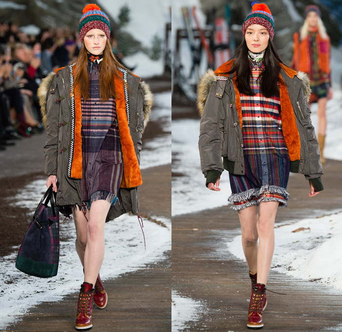 Tommy Hilfiger 2014-2015 Fall Autumn Winter Womens Runway Looks Fashion - Mercedes-Benz Fashion Week New York Catwalk - Raw Denim Jeans Patchwork Fringes Knit Oversized Outerwear Coat Bomber Jacket Jumpsuit Ornamental Folk Print Furry Plaid Ruffles Flowers Florals Western Old Americana Snow Poncho Shawl Turtleneck Dress Embroidery