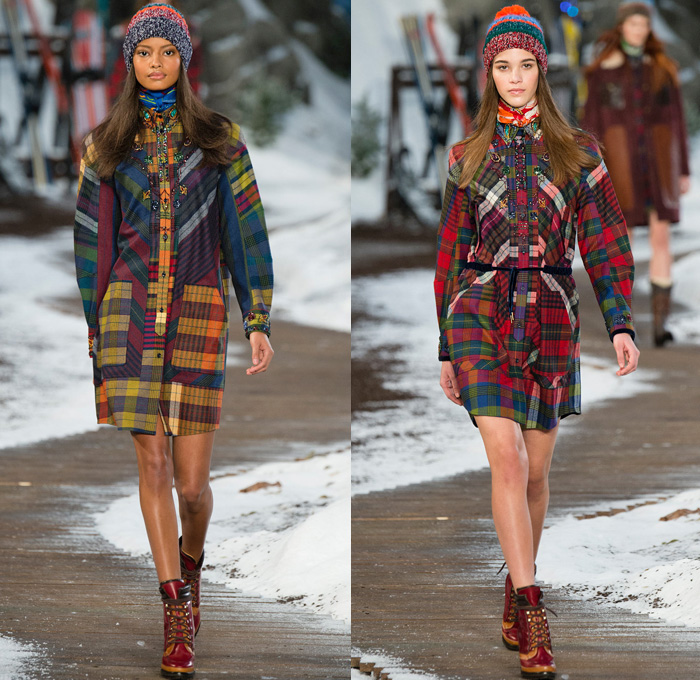 Tommy Hilfiger 2014-2015 Fall Autumn Winter Womens Runway Looks Fashion - Mercedes-Benz Fashion Week New York Catwalk - Raw Denim Jeans Patchwork Fringes Knit Oversized Outerwear Coat Bomber Jacket Jumpsuit Ornamental Folk Print Furry Plaid Ruffles Flowers Florals Western Old Americana Snow Poncho Shawl Turtleneck Dress Embroidery