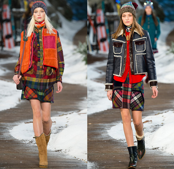 Tommy Hilfiger 2014-2015 Fall Autumn Winter Womens Runway Looks Fashion - Mercedes-Benz Fashion Week New York Catwalk - Raw Denim Jeans Patchwork Fringes Knit Oversized Outerwear Coat Bomber Jacket Jumpsuit Ornamental Folk Print Furry Plaid Ruffles Flowers Florals Western Old Americana Snow Poncho Shawl Turtleneck Dress Embroidery