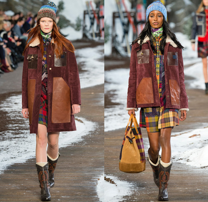 Tommy Hilfiger 2014-2015 Fall Autumn Winter Womens Runway Looks Fashion - Mercedes-Benz Fashion Week New York Catwalk - Raw Denim Jeans Patchwork Fringes Knit Oversized Outerwear Coat Bomber Jacket Jumpsuit Ornamental Folk Print Furry Plaid Ruffles Flowers Florals Western Old Americana Snow Poncho Shawl Turtleneck Dress Embroidery