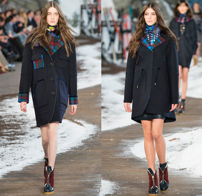 Tommy Hilfiger 2014-2015 Fall Autumn Winter Womens Runway Looks Fashion - Mercedes-Benz Fashion Week New York Catwalk - Raw Denim Jeans Patchwork Fringes Knit Oversized Outerwear Coat Bomber Jacket Jumpsuit Ornamental Folk Print Furry Plaid Ruffles Flowers Florals Western Old Americana Snow Poncho Shawl Turtleneck Dress Embroidery