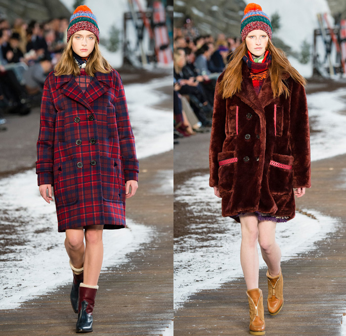 Tommy Hilfiger 2014-2015 Fall Autumn Winter Womens Runway Looks Fashion - Mercedes-Benz Fashion Week New York Catwalk - Raw Denim Jeans Patchwork Fringes Knit Oversized Outerwear Coat Bomber Jacket Jumpsuit Ornamental Folk Print Furry Plaid Ruffles Flowers Florals Western Old Americana Snow Poncho Shawl Turtleneck Dress Embroidery