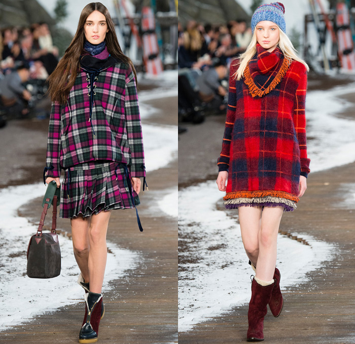 Tommy Hilfiger 2014-2015 Fall Autumn Winter Womens Runway Looks Fashion - Mercedes-Benz Fashion Week New York Catwalk - Raw Denim Jeans Patchwork Fringes Knit Oversized Outerwear Coat Bomber Jacket Jumpsuit Ornamental Folk Print Furry Plaid Ruffles Flowers Florals Western Old Americana Snow Poncho Shawl Turtleneck Dress Embroidery