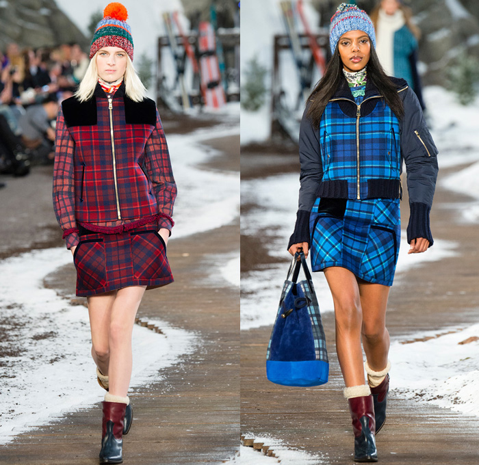 Tommy Hilfiger 2014-2015 Fall Autumn Winter Womens Runway Looks Fashion - Mercedes-Benz Fashion Week New York Catwalk - Raw Denim Jeans Patchwork Fringes Knit Oversized Outerwear Coat Bomber Jacket Jumpsuit Ornamental Folk Print Furry Plaid Ruffles Flowers Florals Western Old Americana Snow Poncho Shawl Turtleneck Dress Embroidery