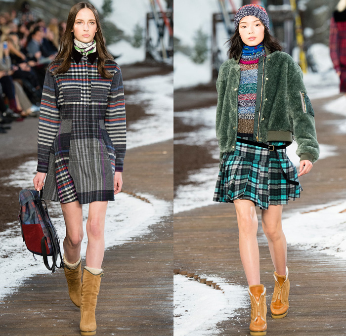 Tommy Hilfiger 2014-2015 Fall Autumn Winter Womens Runway Looks Fashion - Mercedes-Benz Fashion Week New York Catwalk - Raw Denim Jeans Patchwork Fringes Knit Oversized Outerwear Coat Bomber Jacket Jumpsuit Ornamental Folk Print Furry Plaid Ruffles Flowers Florals Western Old Americana Snow Poncho Shawl Turtleneck Dress Embroidery