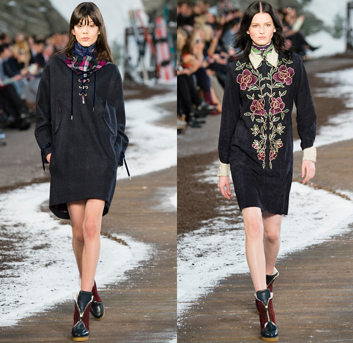 Tommy Hilfiger 2014-2015 Fall Autumn Winter Womens Runway Looks Fashion - Mercedes-Benz Fashion Week New York Catwalk - Raw Denim Jeans Patchwork Fringes Knit Oversized Outerwear Coat Bomber Jacket Jumpsuit Ornamental Folk Print Furry Plaid Ruffles Flowers Florals Western Old Americana Snow Poncho Shawl Turtleneck Dress Embroidery