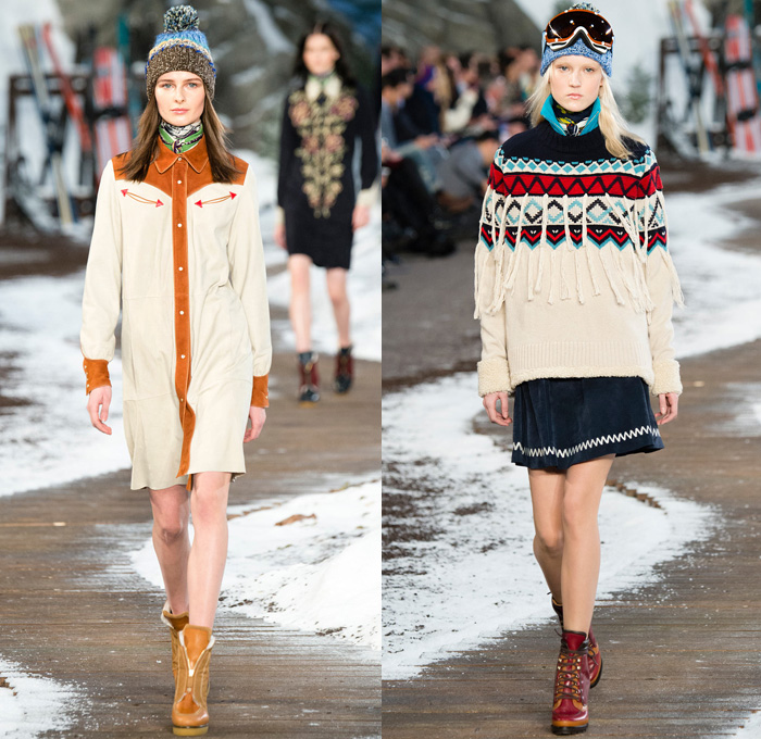 Tommy Hilfiger 2014-2015 Fall Autumn Winter Womens Runway Looks Fashion - Mercedes-Benz Fashion Week New York Catwalk - Raw Denim Jeans Patchwork Fringes Knit Oversized Outerwear Coat Bomber Jacket Jumpsuit Ornamental Folk Print Furry Plaid Ruffles Flowers Florals Western Old Americana Snow Poncho Shawl Turtleneck Dress Embroidery