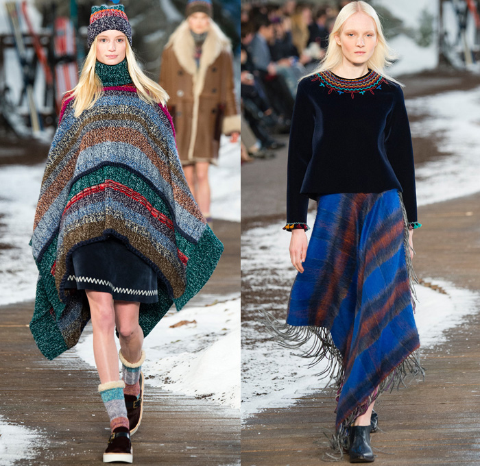 Tommy Hilfiger 2014-2015 Fall Autumn Winter Womens Runway Looks Fashion - Mercedes-Benz Fashion Week New York Catwalk - Raw Denim Jeans Patchwork Fringes Knit Oversized Outerwear Coat Bomber Jacket Jumpsuit Ornamental Folk Print Furry Plaid Ruffles Flowers Florals Western Old Americana Snow Poncho Shawl Turtleneck Dress Embroidery