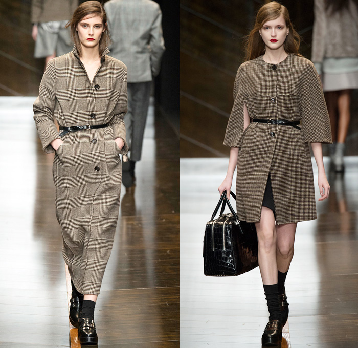 Trussardi 2014-2015 Fall Autumn Winter Womens Runway Looks - Milano Moda Donna Milan Fashion Week - Camera Nazionale della Moda Italiana - Onesie Jumpsuit Playsuit Emblem Coatdress Checks Zebra Motif Bomber Jacket Coat Zigzag Knit Turtleneck Sweater Jumper Skirt Frock Trucker Shirt Leather Stripes Furry Reptile Snake Pantsuit Blazer Wide Leg