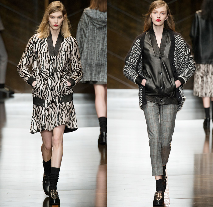 Trussardi 2014-2015 Fall Autumn Winter Womens Runway Looks - Milano Moda Donna Milan Fashion Week - Camera Nazionale della Moda Italiana - Onesie Jumpsuit Playsuit Emblem Coatdress Checks Zebra Motif Bomber Jacket Coat Zigzag Knit Turtleneck Sweater Jumper Skirt Frock Trucker Shirt Leather Stripes Furry Reptile Snake Pantsuit Blazer Wide Leg