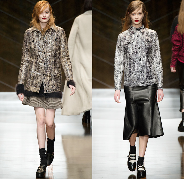 Trussardi 2014-2015 Fall Autumn Winter Womens Runway Looks - Milano Moda Donna Milan Fashion Week - Camera Nazionale della Moda Italiana - Onesie Jumpsuit Playsuit Emblem Coatdress Checks Zebra Motif Bomber Jacket Coat Zigzag Knit Turtleneck Sweater Jumper Skirt Frock Trucker Shirt Leather Stripes Furry Reptile Snake Pantsuit Blazer Wide Leg