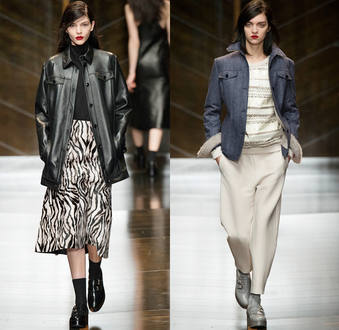 Trussardi 2014-2015 Fall Autumn Winter Womens Runway Looks - Milano Moda Donna Milan Fashion Week - Camera Nazionale della Moda Italiana - Onesie Jumpsuit Playsuit Emblem Coatdress Checks Zebra Motif Bomber Jacket Coat Zigzag Knit Turtleneck Sweater Jumper Skirt Frock Trucker Shirt Leather Stripes Furry Reptile Snake Pantsuit Blazer Wide Leg