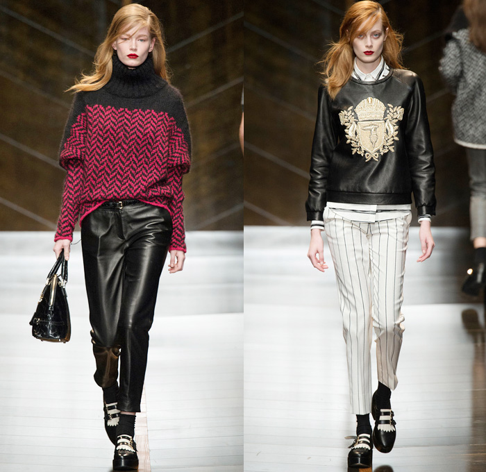 Trussardi 2014-2015 Fall Autumn Winter Womens Runway Looks - Milano Moda Donna Milan Fashion Week - Camera Nazionale della Moda Italiana - Onesie Jumpsuit Playsuit Emblem Coatdress Checks Zebra Motif Bomber Jacket Coat Zigzag Knit Turtleneck Sweater Jumper Skirt Frock Trucker Shirt Leather Stripes Furry Reptile Snake Pantsuit Blazer Wide Leg