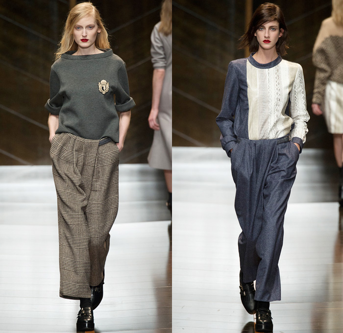 Trussardi 2014-2015 Fall Autumn Winter Womens Runway Looks - Milano Moda Donna Milan Fashion Week - Camera Nazionale della Moda Italiana - Onesie Jumpsuit Playsuit Emblem Coatdress Checks Zebra Motif Bomber Jacket Coat Zigzag Knit Turtleneck Sweater Jumper Skirt Frock Trucker Shirt Leather Stripes Furry Reptile Snake Pantsuit Blazer Wide Leg