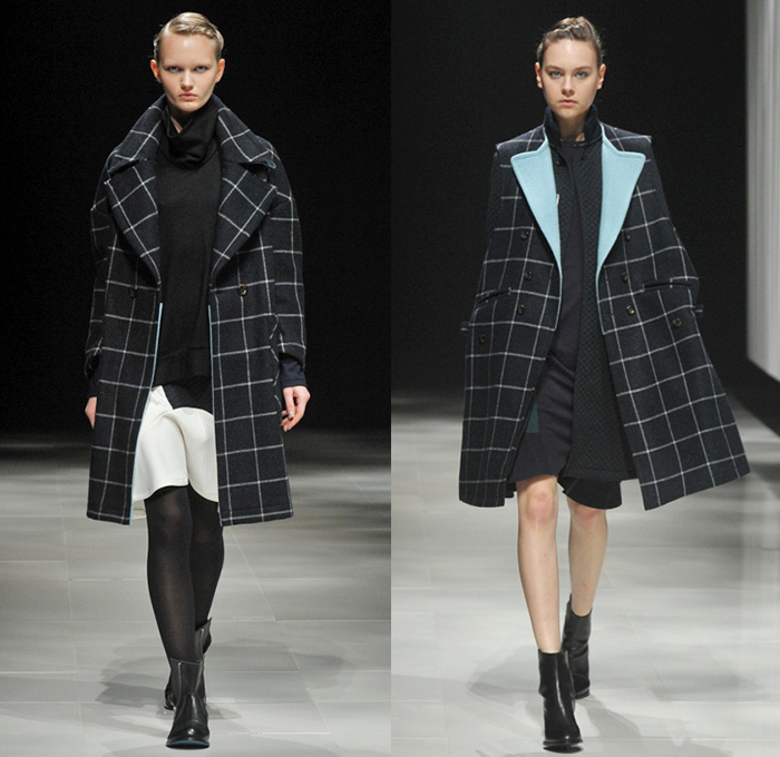 Ujoh by Mitsuru Nishizaki 2014-2015 Fall Autumn Winter Womens Runway Looks - Mercedes-Benz Fashion Week Tokyo Japan Catwalk Fashion Show - Windowpane Check Outerwear Trench Coat Funnelneck Skirt Frock Stripes Hoodie Knit Ruffles Stockings Tights Waffle Quilted Jacket Wide Belt Sweatshirt Sweater Jumper Weave Woods Forest Print Dress