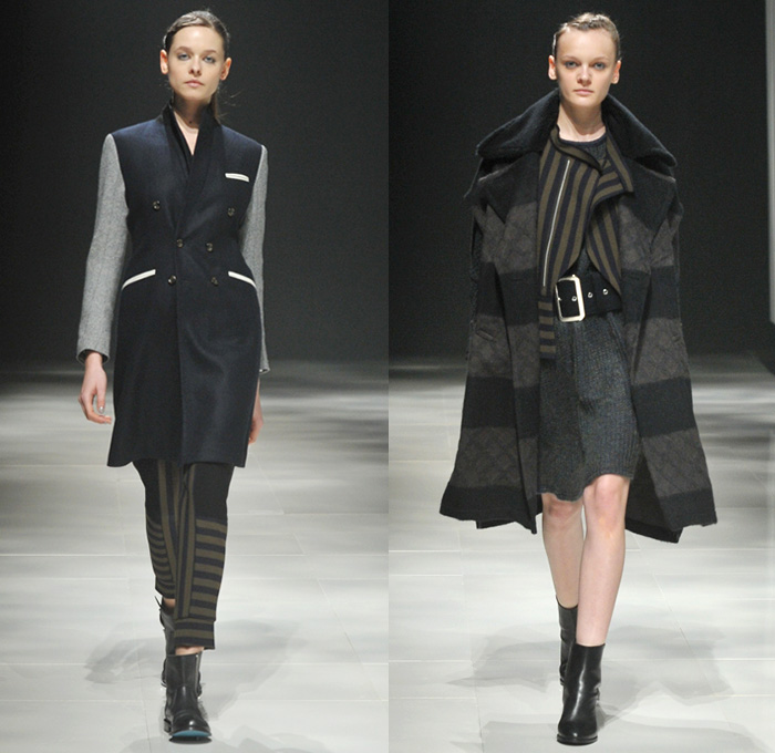 Ujoh by Mitsuru Nishizaki 2014-2015 Fall Autumn Winter Womens Runway Looks - Mercedes-Benz Fashion Week Tokyo Japan Catwalk Fashion Show - Windowpane Check Outerwear Trench Coat Funnelneck Skirt Frock Stripes Hoodie Knit Ruffles Stockings Tights Waffle Quilted Jacket Wide Belt Sweatshirt Sweater Jumper Weave Woods Forest Print Dress