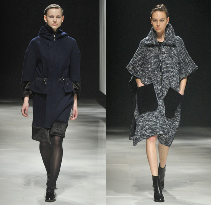 Ujoh by Mitsuru Nishizaki 2014-2015 Fall Autumn Winter Womens Runway Looks - Mercedes-Benz Fashion Week Tokyo Japan Catwalk Fashion Show - Windowpane Check Outerwear Trench Coat Funnelneck Skirt Frock Stripes Hoodie Knit Ruffles Stockings Tights Waffle Quilted Jacket Wide Belt Sweatshirt Sweater Jumper Weave Woods Forest Print Dress