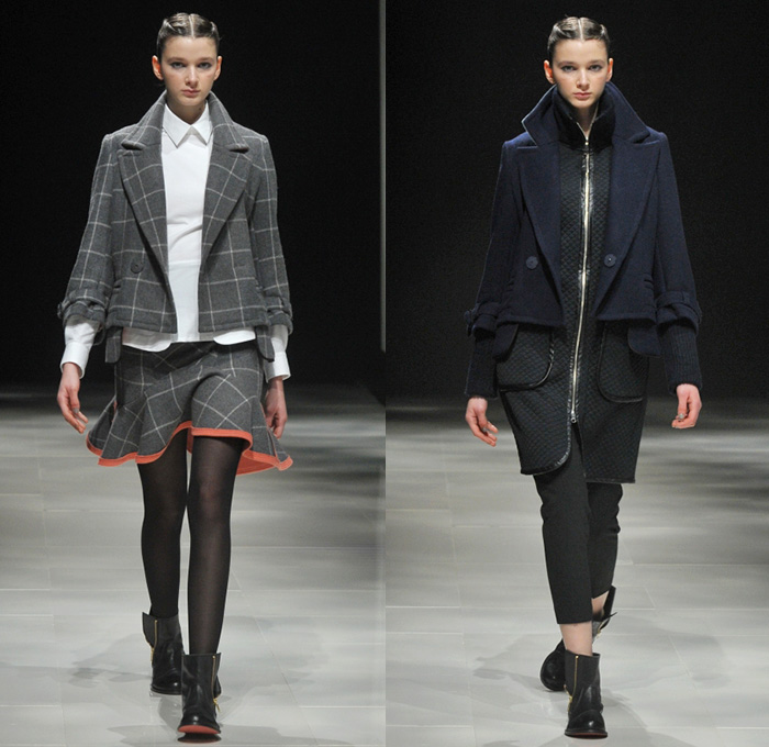 Ujoh by Mitsuru Nishizaki 2014-2015 Fall Autumn Winter Womens Runway Looks - Mercedes-Benz Fashion Week Tokyo Japan Catwalk Fashion Show - Windowpane Check Outerwear Trench Coat Funnelneck Skirt Frock Stripes Hoodie Knit Ruffles Stockings Tights Waffle Quilted Jacket Wide Belt Sweatshirt Sweater Jumper Weave Woods Forest Print Dress