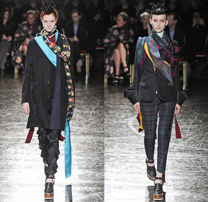 Undercover by Jun Takahashi 2014-2015 Fall Autumn Winter Womens Runway Show - Mode à Paris Fashion Week Catwalk - Cape Cloak Mantle Wrap Shawl Royalty Crowns Scottish Tartan Plaid Ruffles Fringes Outerwear Trench Coat Scarf Pierce Through Zippers Turtleneck Cardigan Dress Sash Motorcycle Biker Rider Leather Varsity Jacket Rounded Hem Ornamental Print Wide Leg Palazzo Pants Roll Up Fold Jacketdress