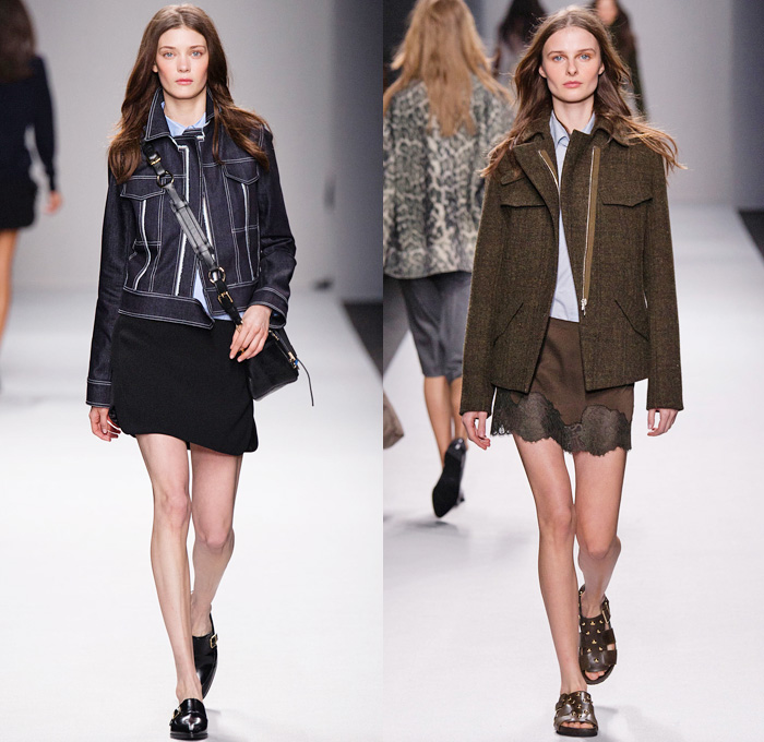 Vanessa Bruno 2014-2015 Fall Autumn Winter Womens Runway Looks - Paris Fashion Week Prêt à Porter Défilés - Denim Jeans Trucker Jacket Skirt Frock Multi-Panel Lace Tweed Bomber Jacket Sequins Quilted Wool Knit Sweater Jumper Dress Camouflage Animal Jungle Safari Leopard Outerwear Trench Coat Side Pockets Harness Shorts Motorcycle Biker Turtleneck Fish Scales