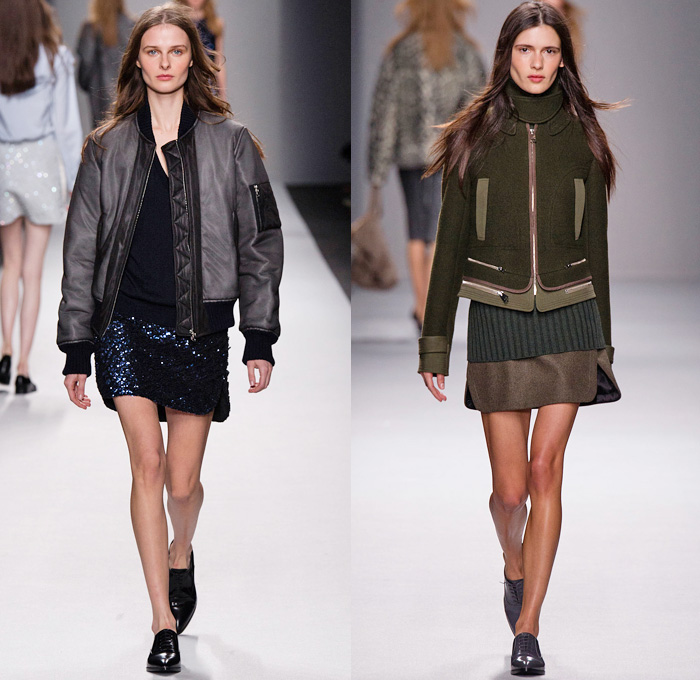 Vanessa Bruno 2014-2015 Fall Autumn Winter Womens Runway Looks - Paris Fashion Week Prêt à Porter Défilés - Denim Jeans Trucker Jacket Skirt Frock Multi-Panel Lace Tweed Bomber Jacket Sequins Quilted Wool Knit Sweater Jumper Dress Camouflage Animal Jungle Safari Leopard Outerwear Trench Coat Side Pockets Harness Shorts Motorcycle Biker Turtleneck Fish Scales