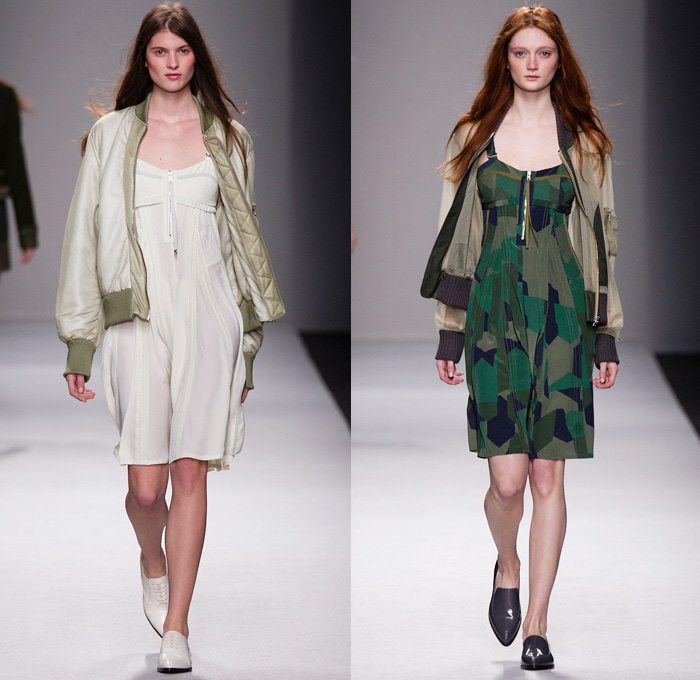 Vanessa Bruno 2014-2015 Fall Autumn Winter Womens Runway Looks - Paris Fashion Week Prêt à Porter Défilés - Denim Jeans Trucker Jacket Skirt Frock Multi-Panel Lace Tweed Bomber Jacket Sequins Quilted Wool Knit Sweater Jumper Dress Camouflage Animal Jungle Safari Leopard Outerwear Trench Coat Side Pockets Harness Shorts Motorcycle Biker Turtleneck Fish Scales