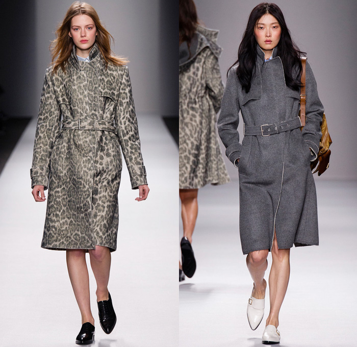 Vanessa Bruno 2014-2015 Fall Autumn Winter Womens Runway Looks - Paris Fashion Week Prêt à Porter Défilés - Denim Jeans Trucker Jacket Skirt Frock Multi-Panel Lace Tweed Bomber Jacket Sequins Quilted Wool Knit Sweater Jumper Dress Camouflage Animal Jungle Safari Leopard Outerwear Trench Coat Side Pockets Harness Shorts Motorcycle Biker Turtleneck Fish Scales