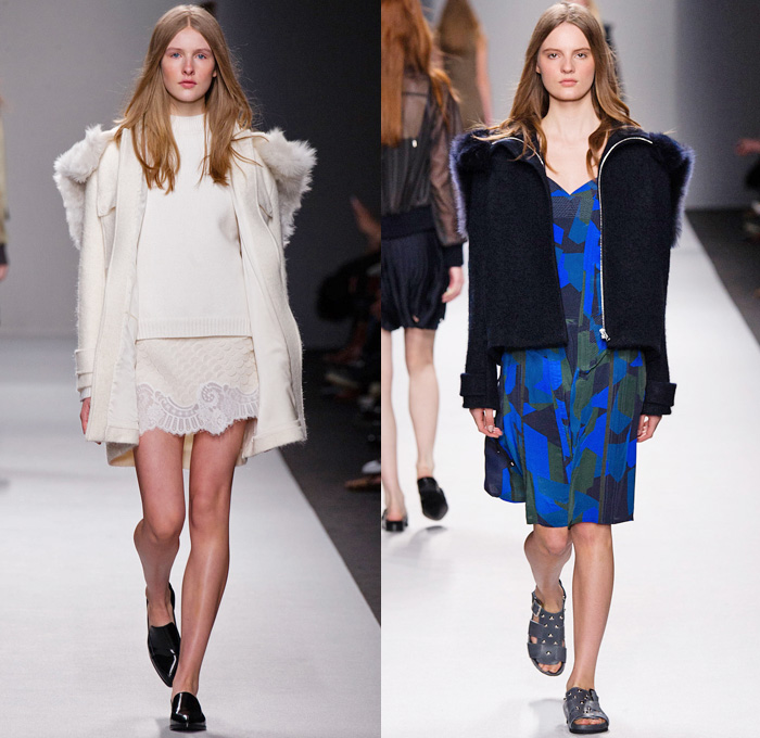 Vanessa Bruno 2014-2015 Fall Autumn Winter Womens Runway Looks - Paris Fashion Week Prêt à Porter Défilés - Denim Jeans Trucker Jacket Skirt Frock Multi-Panel Lace Tweed Bomber Jacket Sequins Quilted Wool Knit Sweater Jumper Dress Camouflage Animal Jungle Safari Leopard Outerwear Trench Coat Side Pockets Harness Shorts Motorcycle Biker Turtleneck Fish Scales