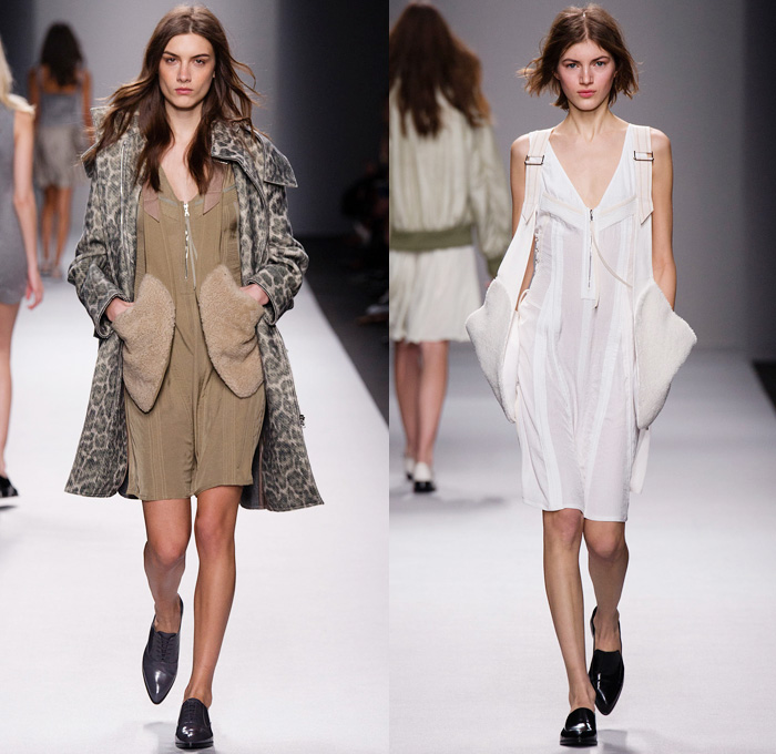 Vanessa Bruno 2014-2015 Fall Autumn Winter Womens Runway Looks - Paris Fashion Week Prêt à Porter Défilés - Denim Jeans Trucker Jacket Skirt Frock Multi-Panel Lace Tweed Bomber Jacket Sequins Quilted Wool Knit Sweater Jumper Dress Camouflage Animal Jungle Safari Leopard Outerwear Trench Coat Side Pockets Harness Shorts Motorcycle Biker Turtleneck Fish Scales