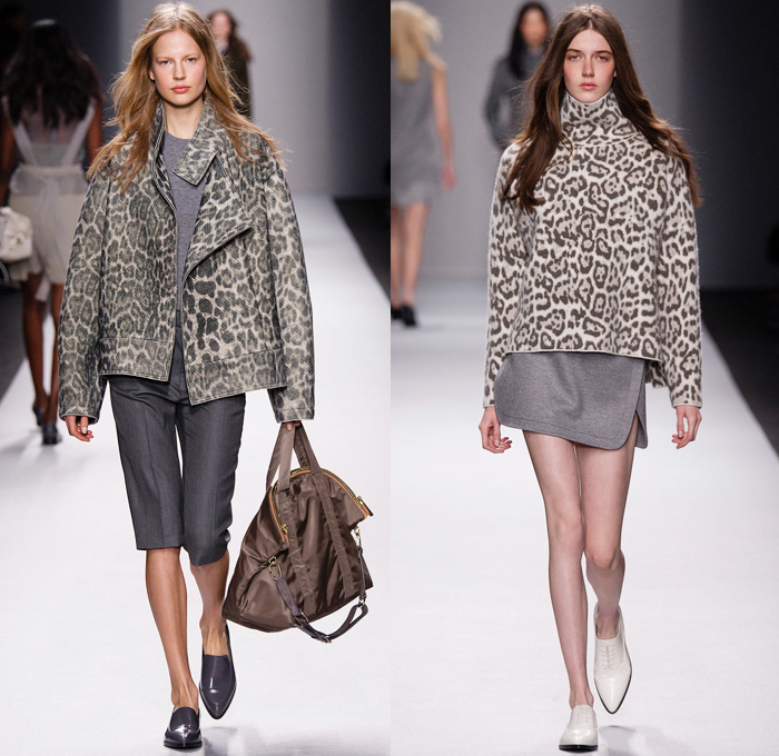 Vanessa Bruno 2014-2015 Fall Autumn Winter Womens Runway Looks - Paris Fashion Week Prêt à Porter Défilés - Denim Jeans Trucker Jacket Skirt Frock Multi-Panel Lace Tweed Bomber Jacket Sequins Quilted Wool Knit Sweater Jumper Dress Camouflage Animal Jungle Safari Leopard Outerwear Trench Coat Side Pockets Harness Shorts Motorcycle Biker Turtleneck Fish Scales