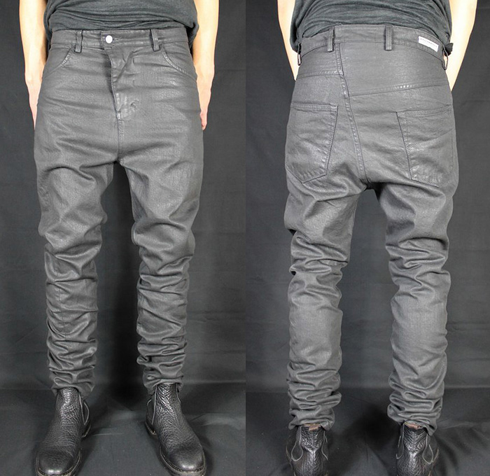 (1) XOSP BLK104B - Versuchskind Berlin 2014-2015 Fall Autumn Winter Mens Denim Collection Germany - Linesheet Jeans Asymmetrical Back Yoke Coated Waxed Tapered Low Crotch Wrinkled Half Yoke Distressed Worn In Grey Gray Black Treatments Honeycomb Creases