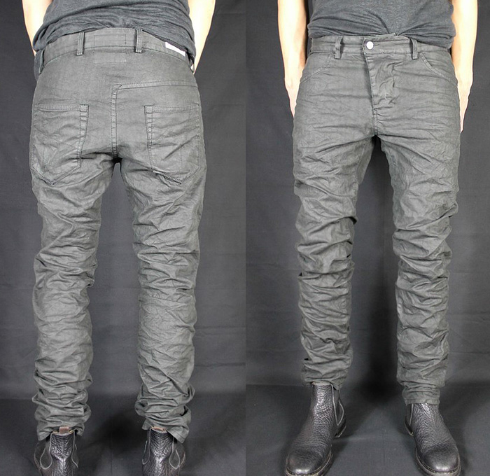 (2) X2SP SGC105B - Versuchskind Berlin 2014-2015 Fall Autumn Winter Mens Denim Collection Germany - Linesheet Jeans Asymmetrical Back Yoke Coated Waxed Tapered Low Crotch Wrinkled Half Yoke Distressed Worn In Grey Gray Black Treatments Honeycomb Creases