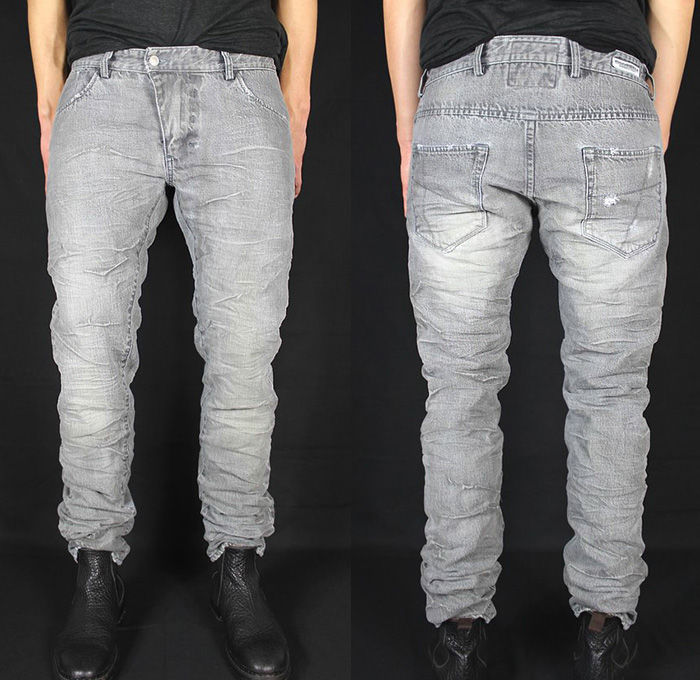 (3) X1 GR107 - Versuchskind Berlin 2014-2015 Fall Autumn Winter Mens Denim Collection Germany - Linesheet Jeans Asymmetrical Back Yoke Coated Waxed Tapered Low Crotch Wrinkled Half Yoke Distressed Worn In Grey Gray Black Treatments Honeycomb Creases
