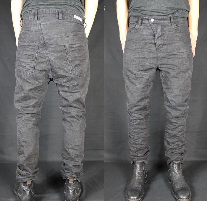 (4) X0SP BLK101B - Versuchskind Berlin 2014-2015 Fall Autumn Winter Mens Denim Collection Germany - Linesheet Jeans Asymmetrical Back Yoke Coated Waxed Tapered Low Crotch Wrinkled Half Yoke Distressed Worn In Grey Gray Black Treatments Honeycomb Creases