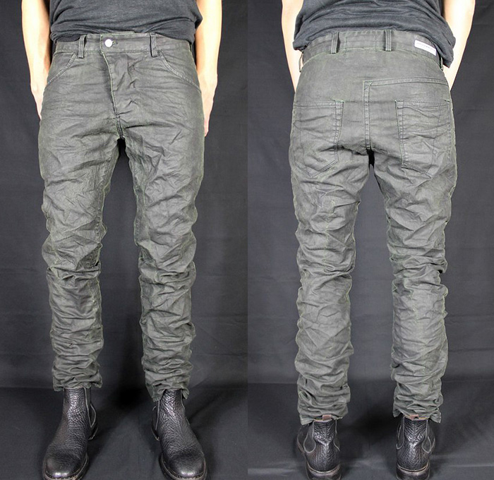 (5) X2SP SGB102 - Versuchskind Berlin 2014-2015 Fall Autumn Winter Mens Denim Collection Germany - Linesheet Jeans Asymmetrical Back Yoke Coated Waxed Tapered Low Crotch Wrinkled Half Yoke Distressed Worn In Grey Gray Black Treatments Honeycomb Creases